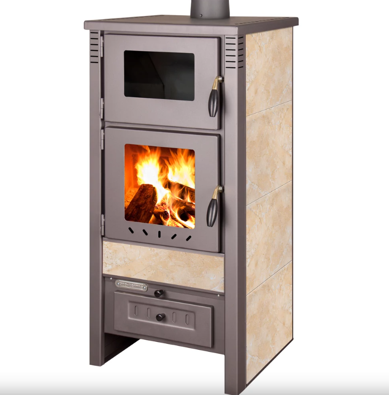 Taurus Holzofen mit Backofen Beige 52 cm – 12 kW, für Heizung und Kochen