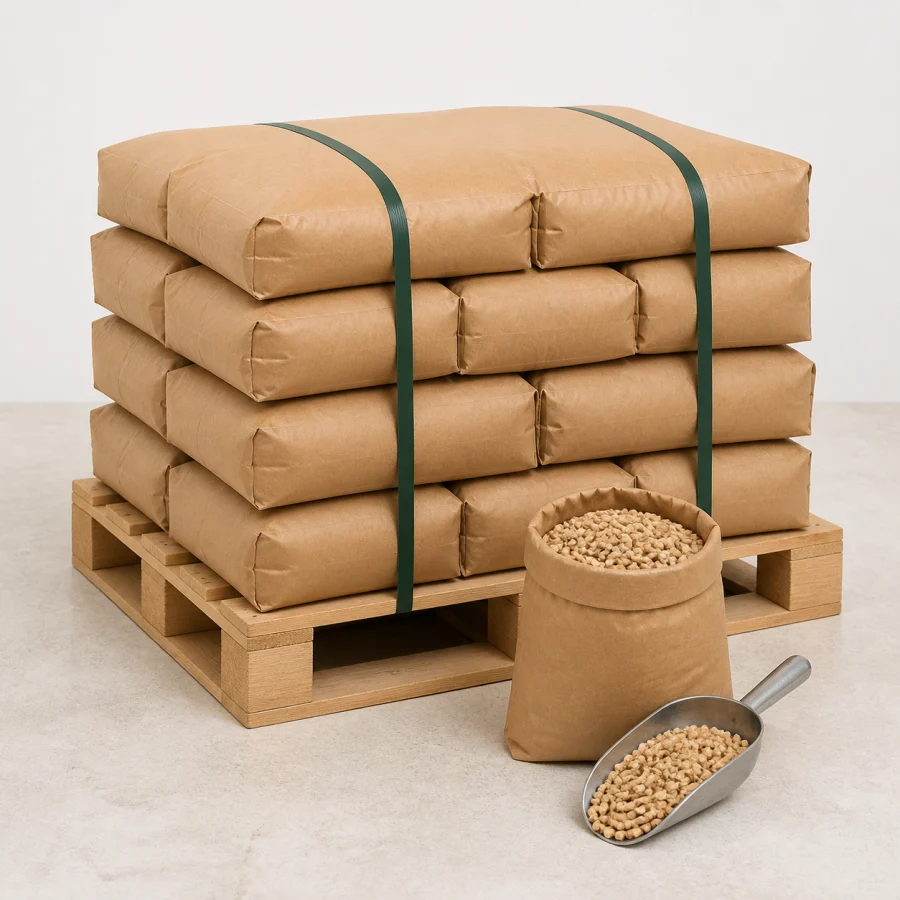 Holzpellets in Säcken auf einer Palette
